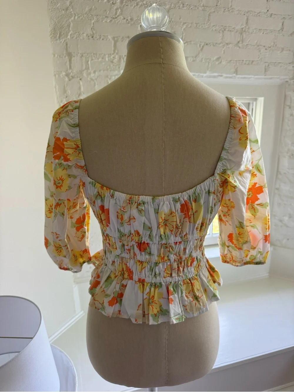 Faithfull the Brand White Floral Smocked Square-Neck Top